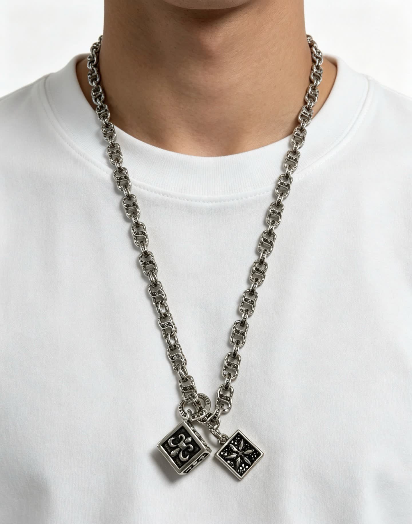Chrome Hearts Silver Chain with Dice and Square Charms